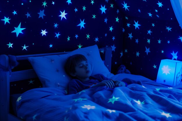 Foto um menino deitado na cama com estrelas brilhantes no teto.