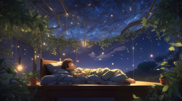 um menino deitado na cama sob um céu noturno com estrelas acima dele