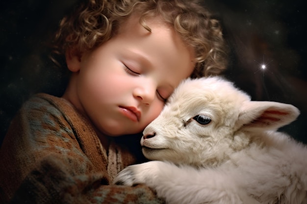 Foto um menino dorme em paz ao lado de um cordeiro gentil