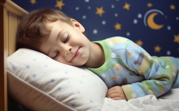 Foto um menino dormindo profundamente em sua cama aconchegante mundo sono dia cenas de relaxamento ambientes de sono pacíficos atmosfera de noite tranquila