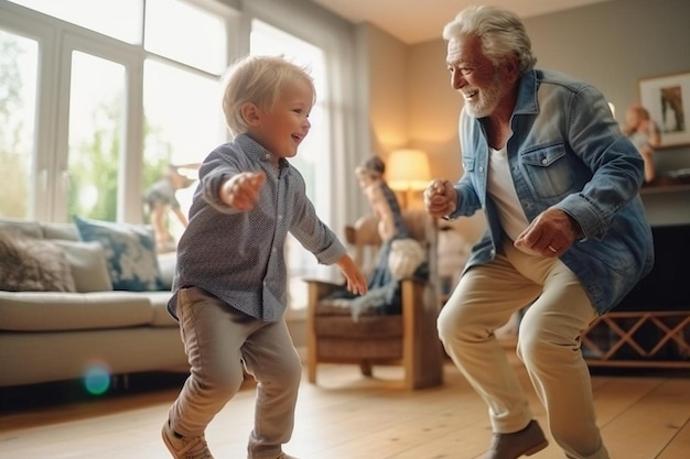 um menino e seu avô estão brincando em uma sala de estar