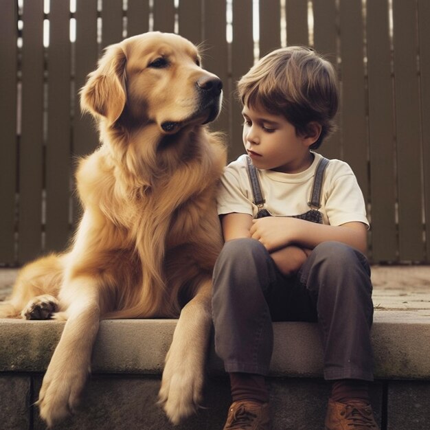 um menino e um cachorro estão sentados em um degrau.