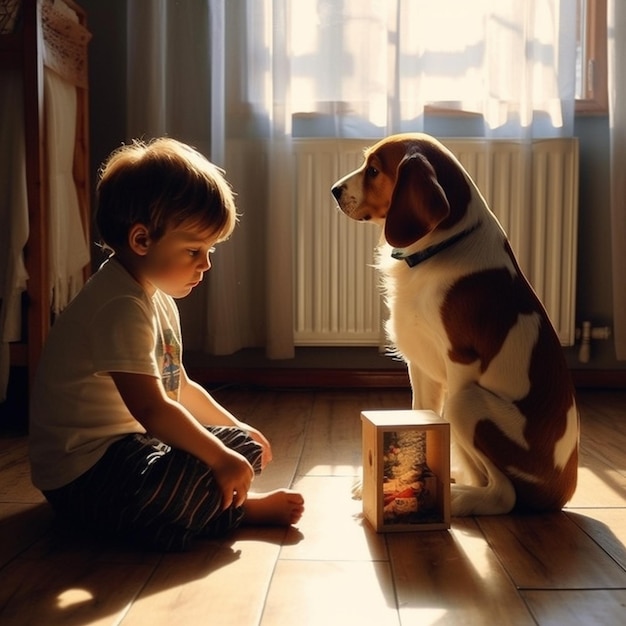 um menino e um cachorro estão sentados no chão, um deles está sentado ao lado de uma caixa que diz "o cachorro está sentado ao lado dela".