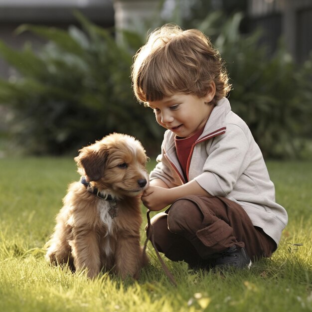 Um menino e um cão estão brincando na grama com um cão.