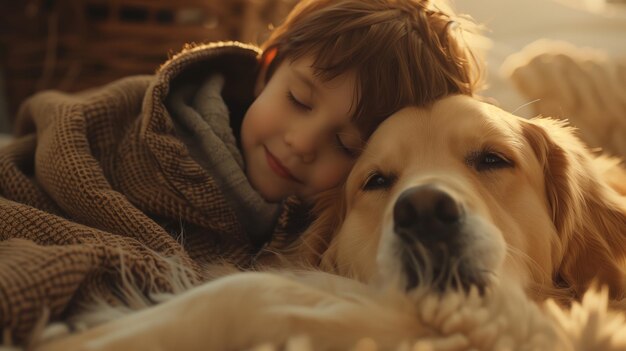 Um menino e um golden retriever a abraçar-se em paz e alegria com uma atmosfera de ternura e amor.
