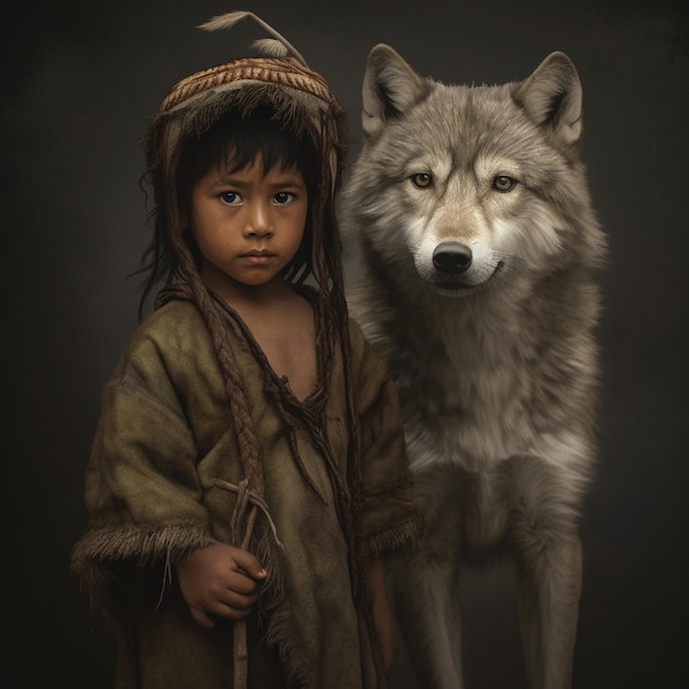 um menino e um lobo estão próximos um do outro com um lobo