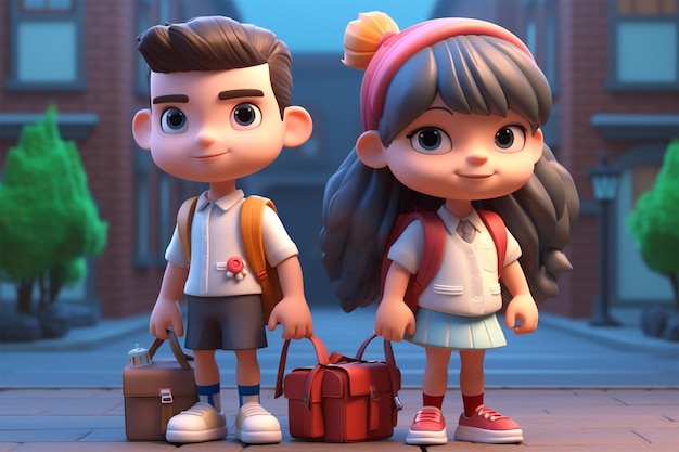 um menino e uma menina andando com suas mochilas