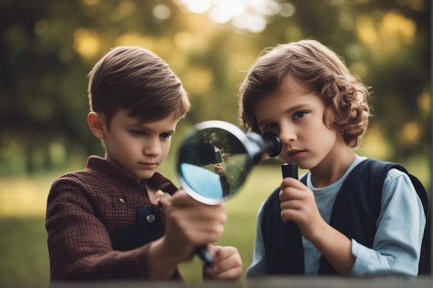 Um menino e uma menina brincando com uma lupa