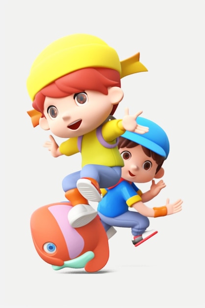 Um menino e uma menina estão andando em um trem de brinquedo.