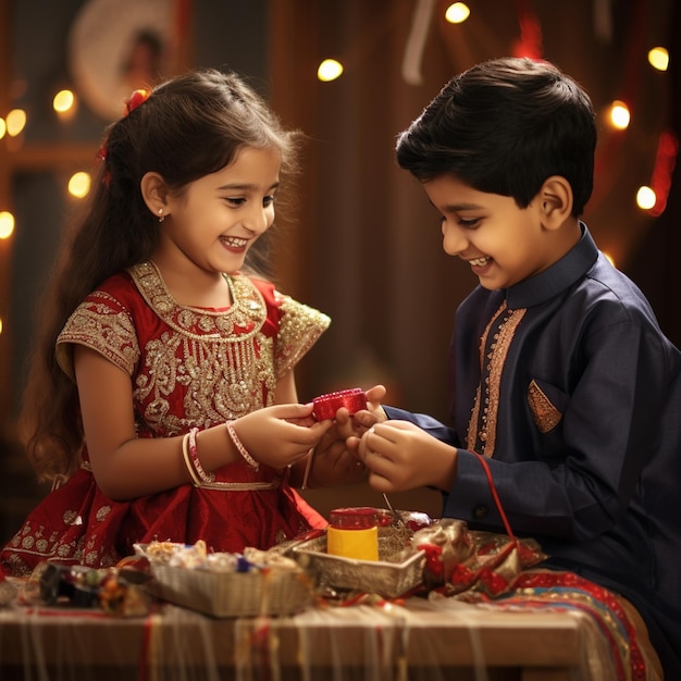 Um menino e uma menina estão brincando com uma caixa de brinquedos e uma vela.