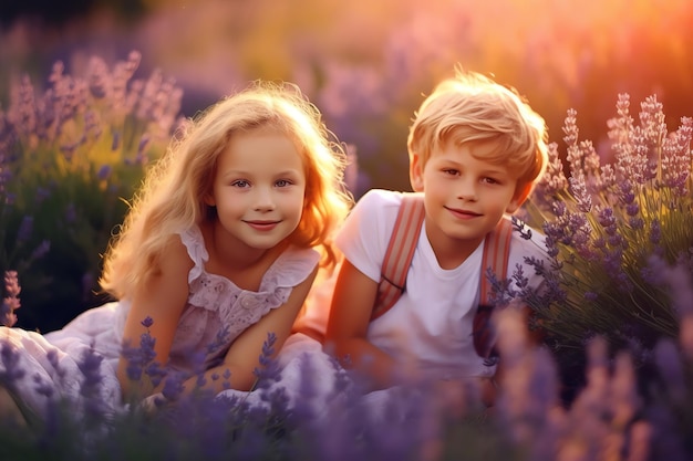 Um menino e uma menina estão deitados em um campo de lavanda.