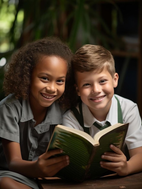 Foto um menino e uma menina estão lendo um livro juntos em uma sala.