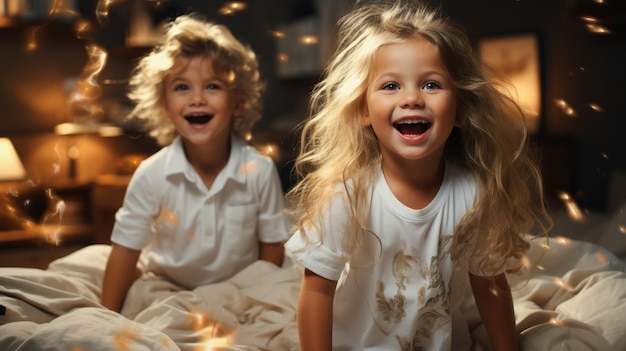 Um menino e uma menina estão rindo de camisas brancas.