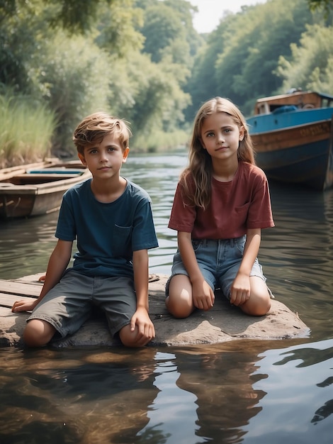 Um menino e uma menina estão sentados entre os barcos no rio