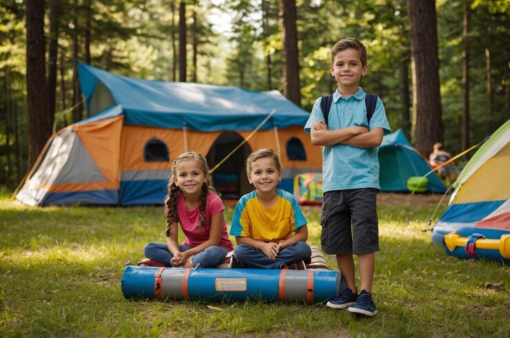 Foto um menino e uma menina estão sentados na frente de uma tenda com a palavra nele