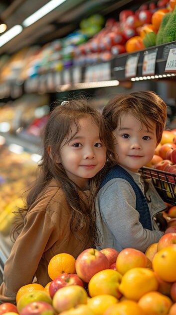 Um menino e uma menina felizes da Ásia escolhem frutas frescas e deliciosas do balcão do supermercado