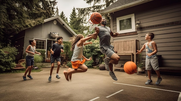 Um menino e uma menina jogando basquete na frente de uma casa