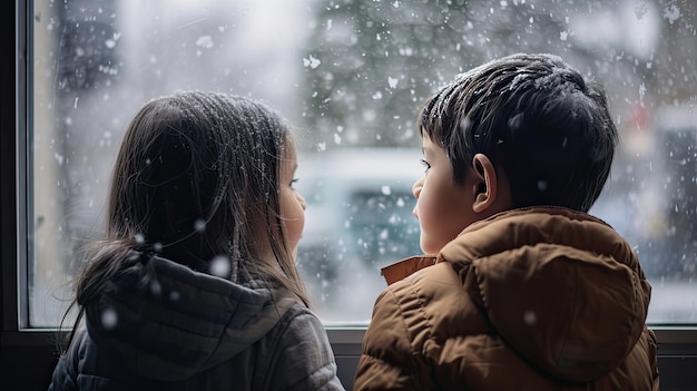 um menino e uma menina olham pela janela enquanto a neve cai.