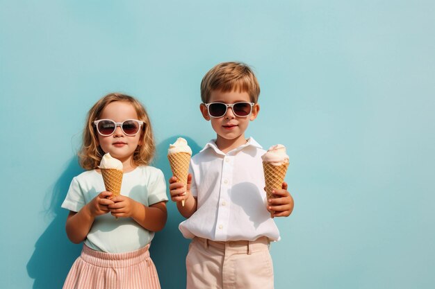 Um menino e uma menina segurando casquinhas de sorvete Dia Nacional do Sorvete