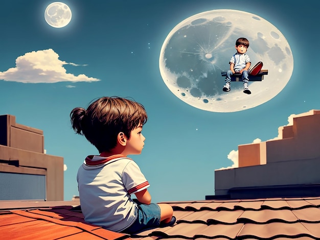 Um menino e uma menina sentam-se no telhado à noite olhando as estrelas no céu Generative Ai