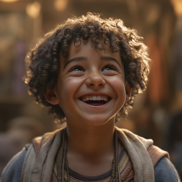 Foto um menino egípcio com sorrisos de cabelo encaracolado