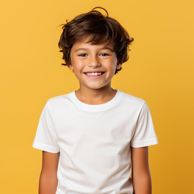 um menino em estilo casual em fundo amarelo