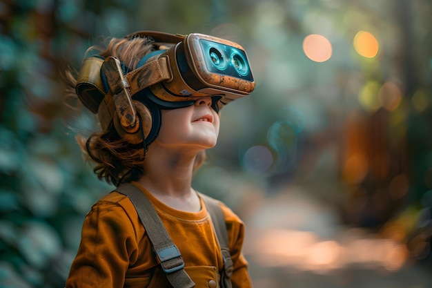 Um menino em futurismo rústico usando um fone de ouvido VR na floresta