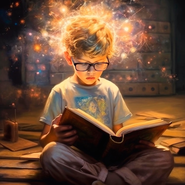 um menino em pintura a óleo lendo um livro e imaginou a história