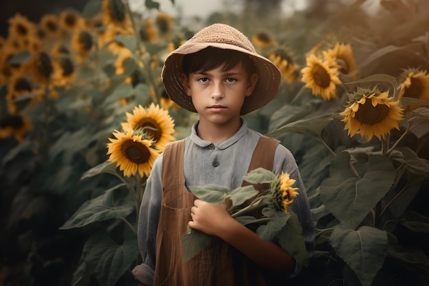 Um menino em um campo de girassóis