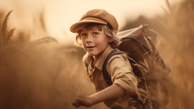 Um menino em um campo usando um chapéu e uma mochila