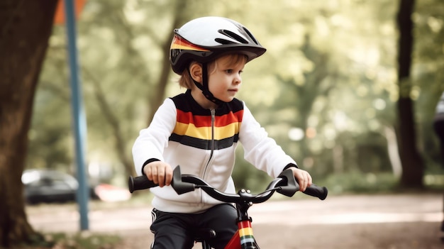 Um menino em uma bicicleta usando um capacete