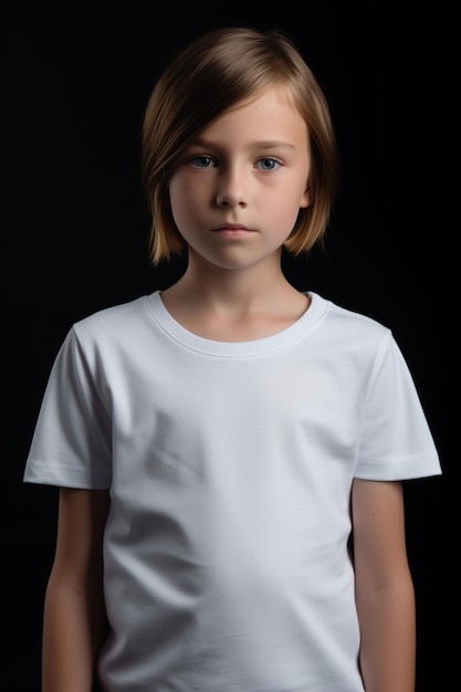 Um menino em uma camiseta branca fica na frente de um fundo preto.