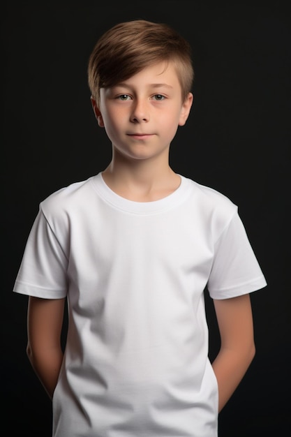 Um menino em uma camiseta branca fica na frente de um fundo preto.