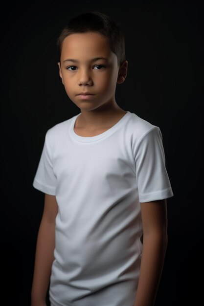 Um menino em uma camiseta branca fica na frente de um fundo preto.