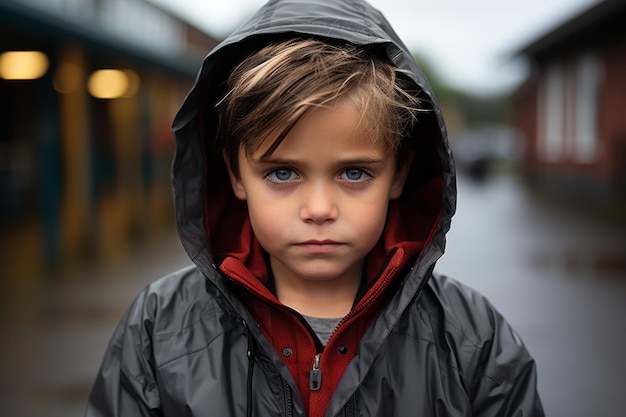 um menino em uma capa de chuva em pé na frente de um prédio