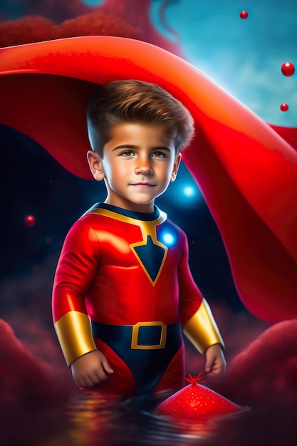 Foto um menino em uma fantasia de super-herói fica na frente de uma nuvem vermelha.