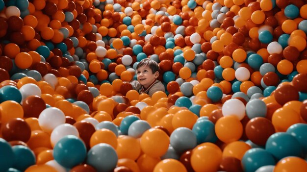 Um menino em uma piscina de bolinhas cercado por bolas laranja