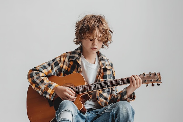 Um menino em uma roupa casual emergiu tocando guitarra sobre um cenário branco.