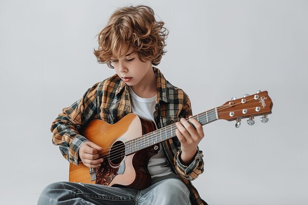 Um menino em uma roupa casual emergiu tocando guitarra sobre um cenário branco.