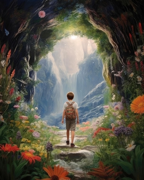 Um menino emerge de uma caverna cheia de flores em um sonho IA generativa