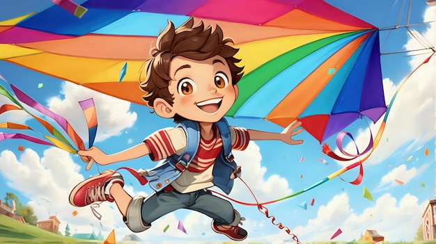Um menino encantador e animado a voar uma cometa colorida com um grande sorriso contagioso
