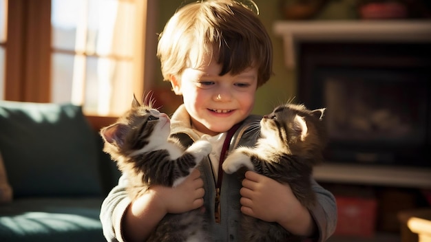 Foto um menino encantador segura dois gatinhos nos braços.