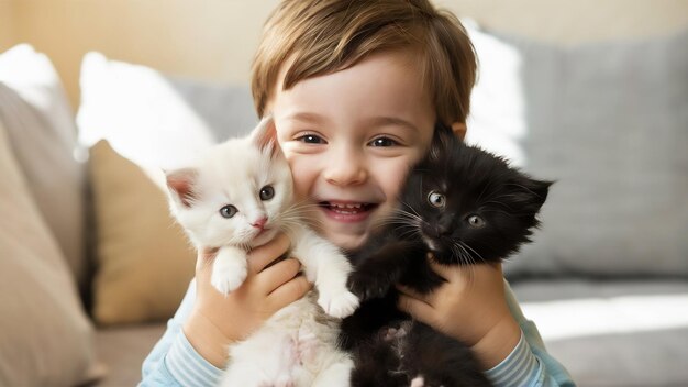 Foto um menino encantador segura dois gatinhos nos braços.