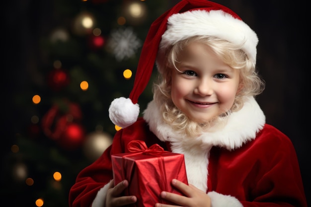 Um menino encantador vestido com uma roupa de Papai Noel segurando uma longa lista de brinquedos