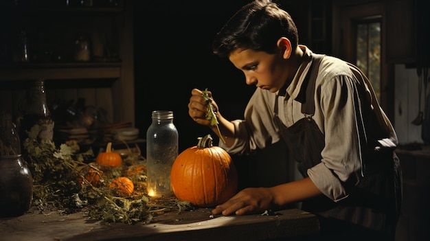 Um menino envolvido no ritual de remover o topo de uma JackoLantern durante o Halloween