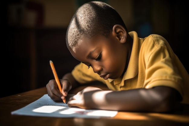 Um menino escrevendo em um pedaço de papel