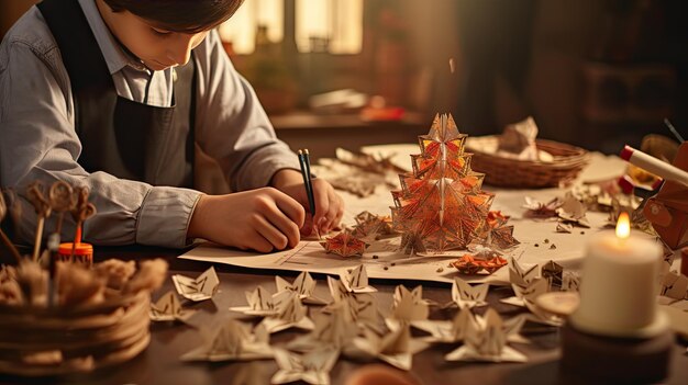 Um menino escrevendo no papel Uma criança envolvida na criatividade e aprendizado da páscoa