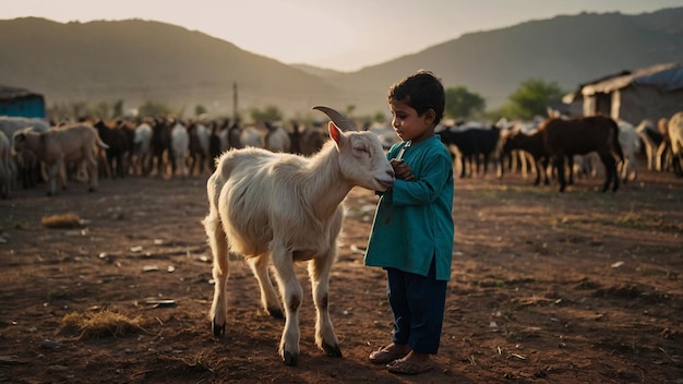 Foto um menino está acariciando uma cabra e as cabras estão ao fundo