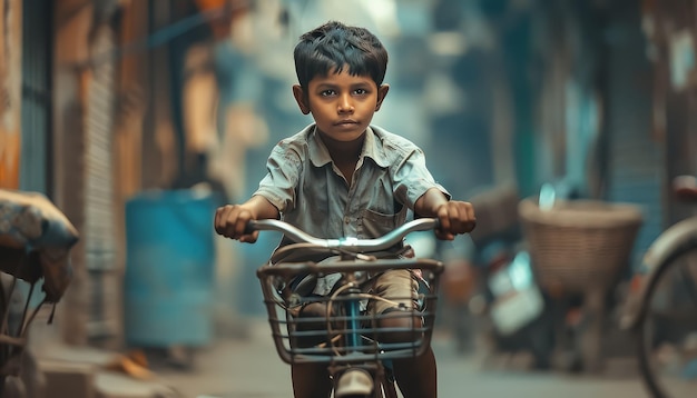 Um menino está andando de bicicleta em uma rua lotada