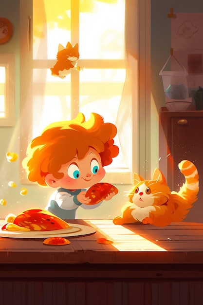 Um menino está comendo pizza e o gato está olhando para ela.